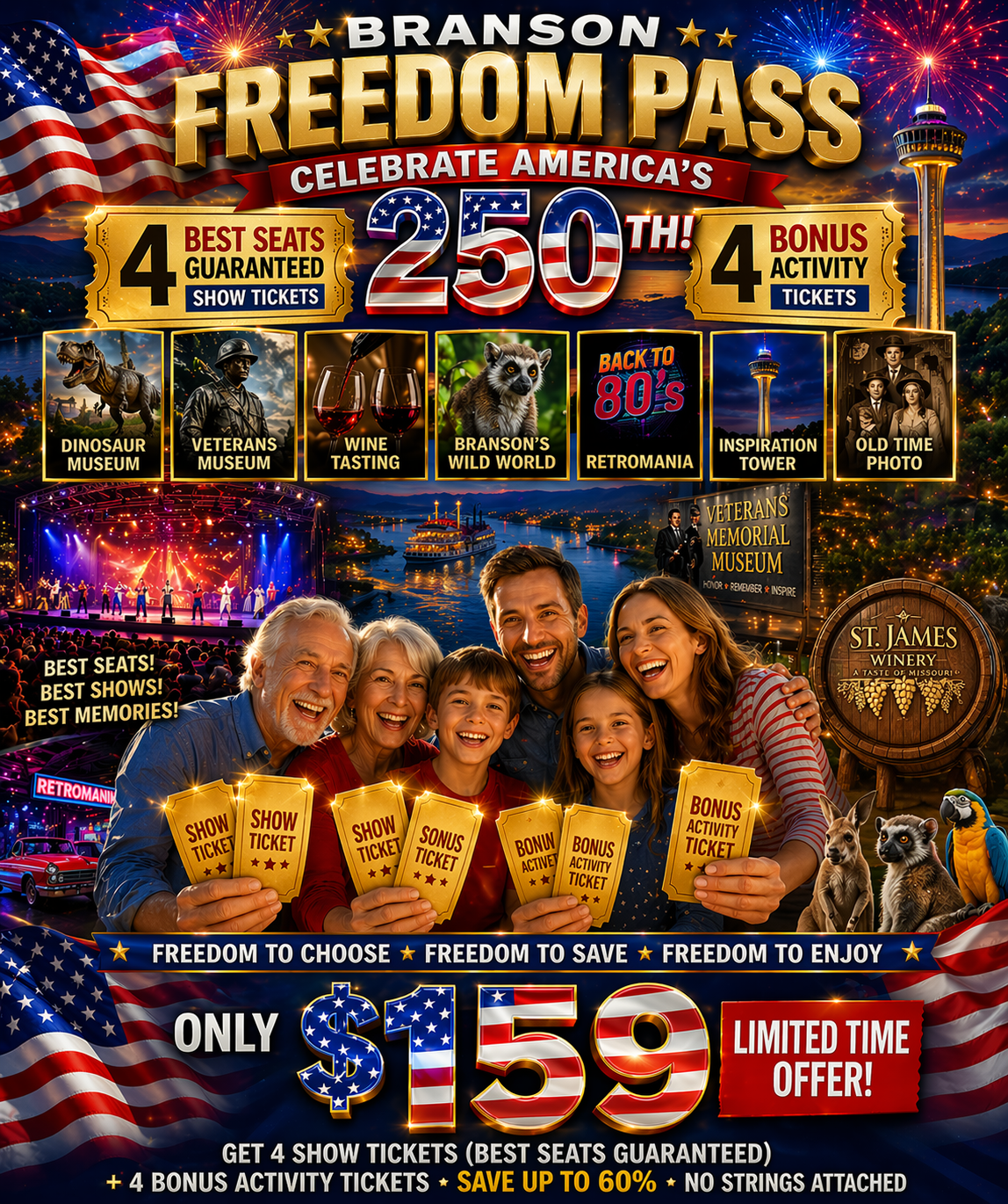 Branson Freedom Pass — Celebrate America's 250th, 4 Best Seats Guaranteed Show Tickets, 4 Bonus Activity Tickets, only $159